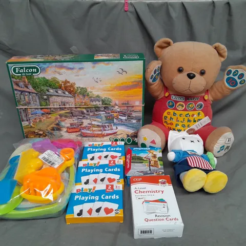 BOX OF ASSORTED TOYS AND GAMES TO INCLUDE TEDDIES, JIGSAWS AND PLAYING CARDS