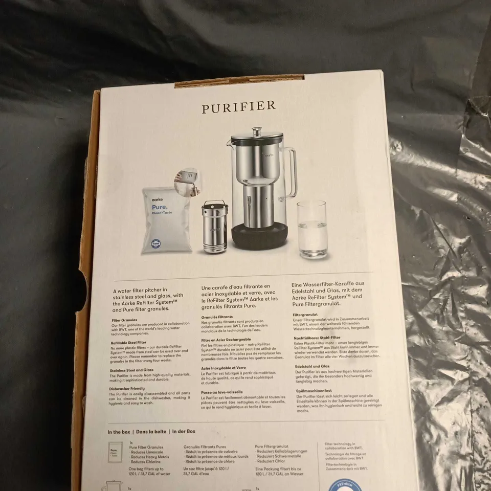 AARKE PURIFIER GLASS WATER FILTER PITCHER WITH REFILLABLE STEEL FILTER – BOXED