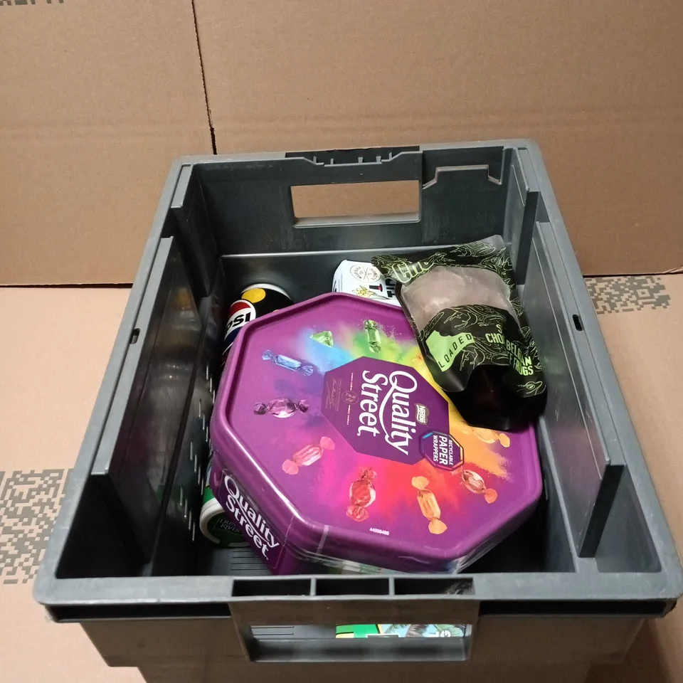 APPROXIMATELY 7 ASSORTED FOOD AND DRINK ITEMS TO INCLUDE QUALITY STREET, PEPSI MAX, CHOC FROGS ETC