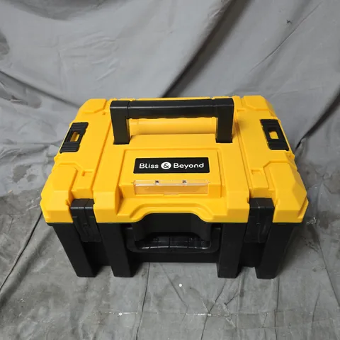 BLISS AND BEYOND DOUBLE SPEED ELECTRIC DRILL WITH ACCESSORIES, IN BLACK/YELLOW CARRY CASE. BOXED