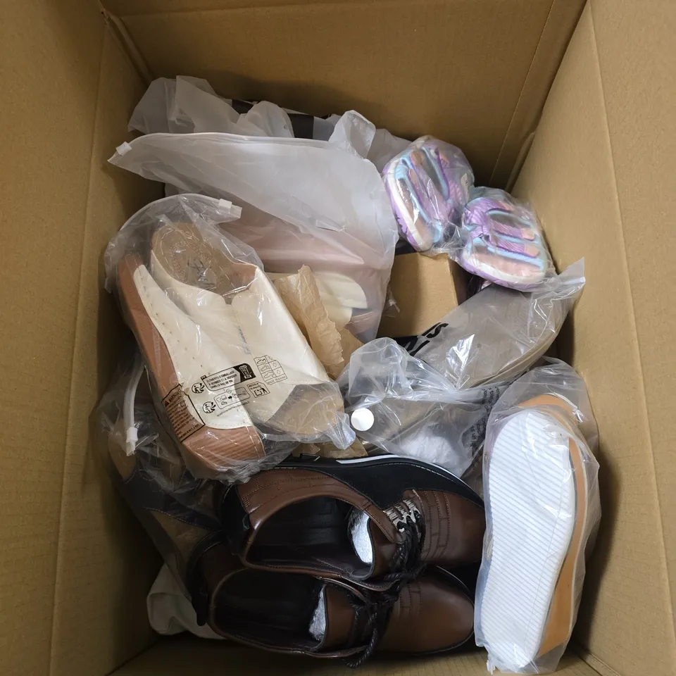 BOX OF APPROXIMATLEY 18 FOOTWEAR ITEMS OF VARIOUS SIZES AND STYLES TO INCLUDE SANDALS, WOMENS SHOES ETC