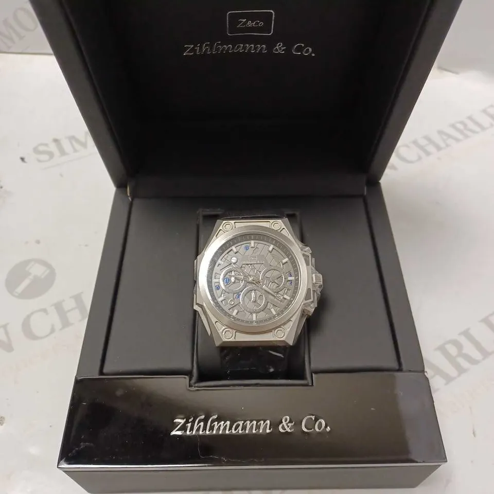 ZIHLMANN & CO GREY TRIPLE DIAL BLACK LEATHER STRAP WATCH
