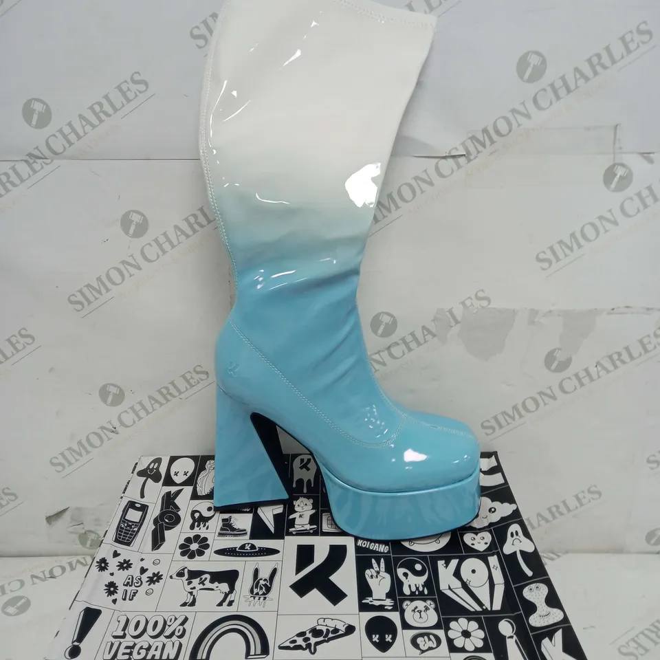 BOXED PAIR OF KOI FOOTWEAR BUBBLEGUM BURST LONG HEELED BOOTS IN BLUE OMBRE PATENT - SIZE 3