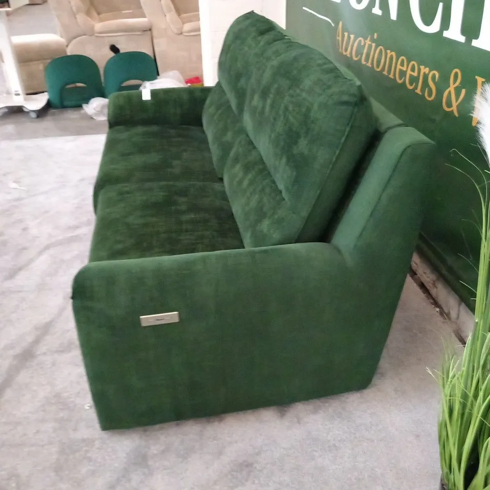 DESIGNER ITALIAN MADE SANREMO GREEN FABRIC ELECTRIC RECLINING THREE SEATER SOFA  