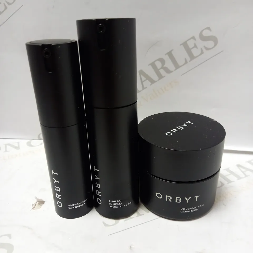 LOT OF 3 ASSORTED ORBYT PRODUCTS TO INCLUDE VOLCANIC ASH CLEANSER, URBAN SHEILD MOISTURIZER, ANTI-GRAVITY EYE SERUM 