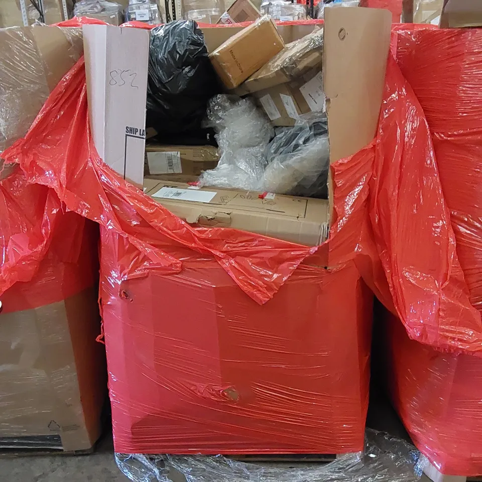 PALLET TO CONTAIN ASSORTED HOUSEHOLD ITEMS AND CONSUMER PRODUCTS. INCLUDING HEATER, BATH CHAIR, ERGONOMIC KNEELING CHAIR, VACUUM CLEANER, BOXED FURNITURE ETC