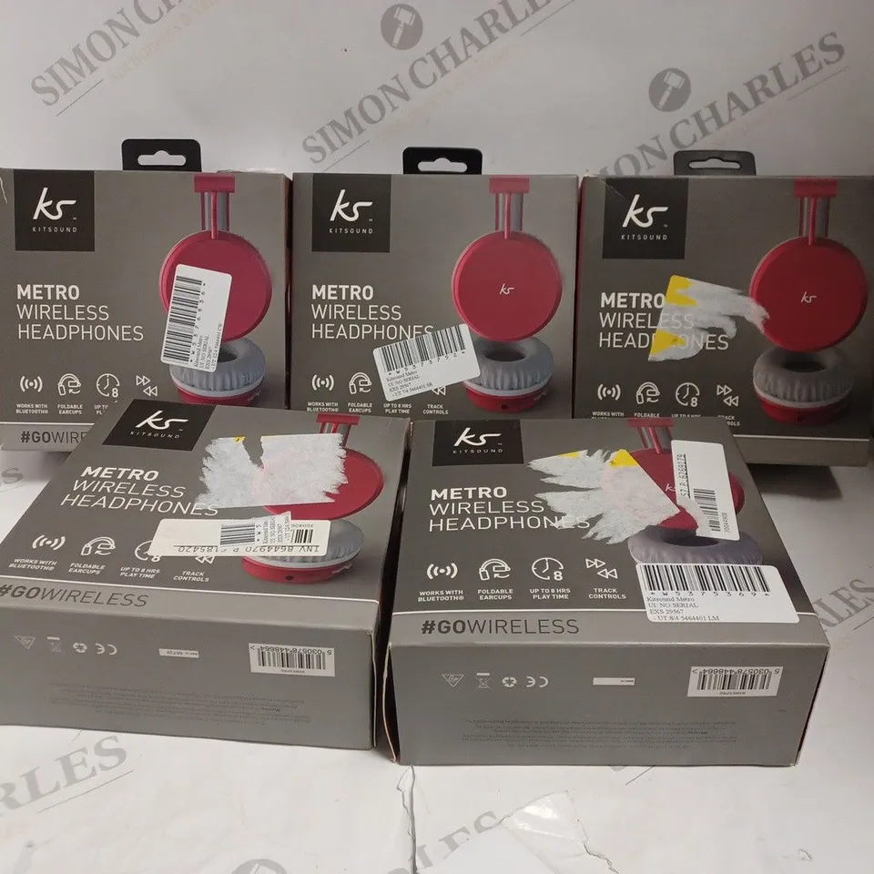 5 X BOXED KITSOUND METRO WIRELESS HEADPHONES IN RED 