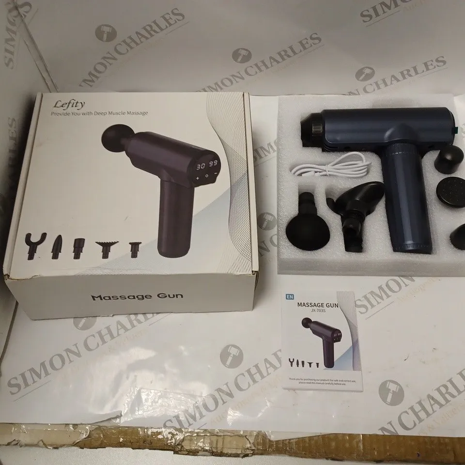 BOXED LEFITY MASSAGE GUN - MODEL JX-703S - WITH LED DISPLAY, ACCESSORIES, USB CABLE AND INSTRUCTIONS