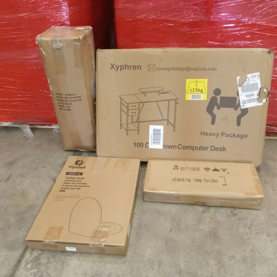 PALLET OF ASSORTED HOUSEHOLD GOODS AND PRODUCTS TO INCLUDE; COMPUTER DESK, CRIB MATTRESS, TOILET SEAT, STANDING LAMP HOLDER ETC
