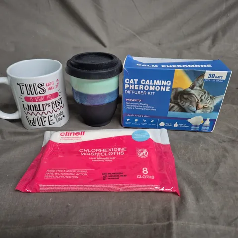 APPROXIMATELY 15 ASSORTED HOUSEHOLD ITEMS TO INCLUDE WORLD'S BEST WIFE MUG, CLINELL CHLORHEXIDINE WASH CLOTHS AND CAT CALMING PHEROMONE DIFFUSER