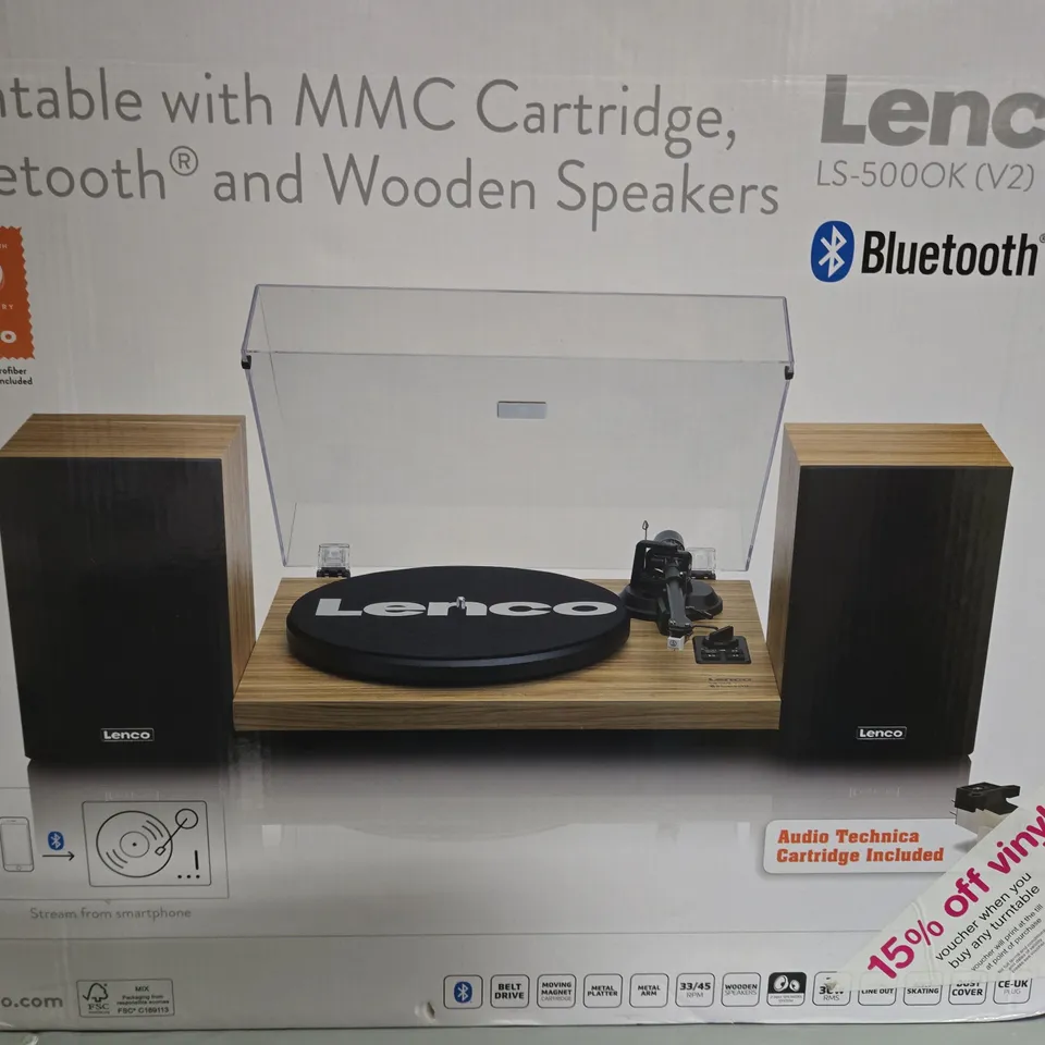 LENCO TURNTABLE WITH MMC CARTRIDGE, BLUETOOTH AND WOODEN SPEAKERS