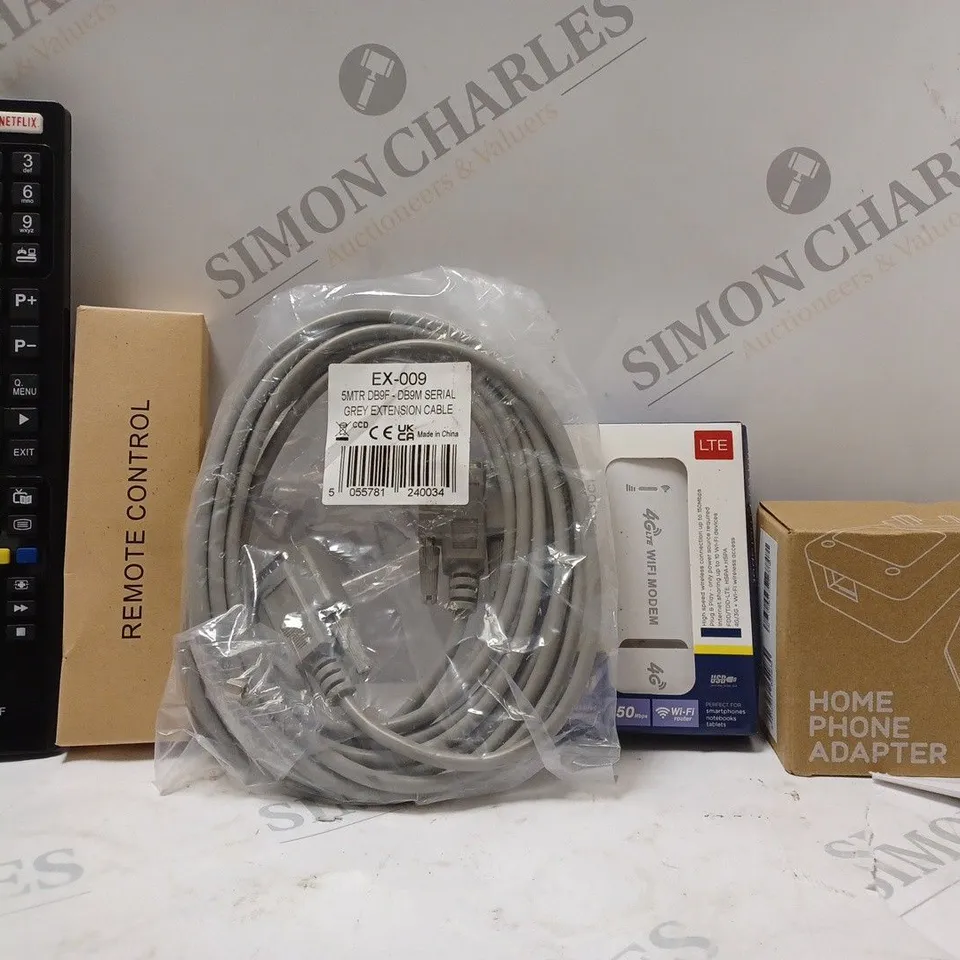 BOX OF APPROX 20 ASSORTED ITEMS TO INCLUDE - REMOTE CONTROL - LTE 4G USB MODEM WITH WI-FI HOTSPOT - HOME PHONE ADAPTER ECT