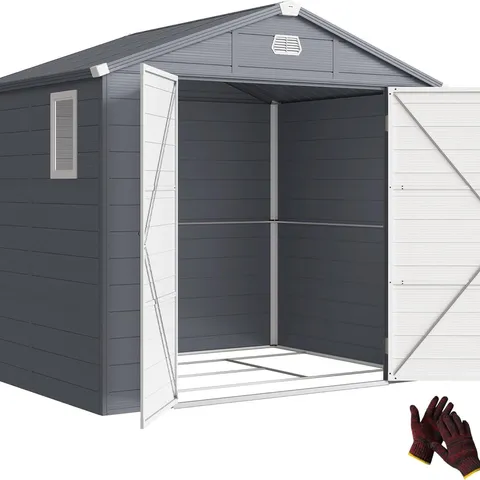 BOXED OUTSUNNY 8 X 6FT PLASTIC SHED WITH FOUNDATION KIT, VENTS, GREY (3 BOXES)