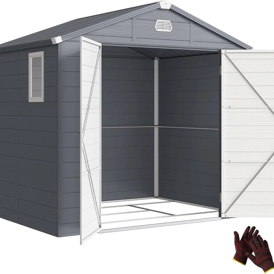 BOXED OUTSUNNY 8 X 6FT PLASTIC SHED WITH FOUNDATION KIT, VENTS, GREY (3 BOXES)