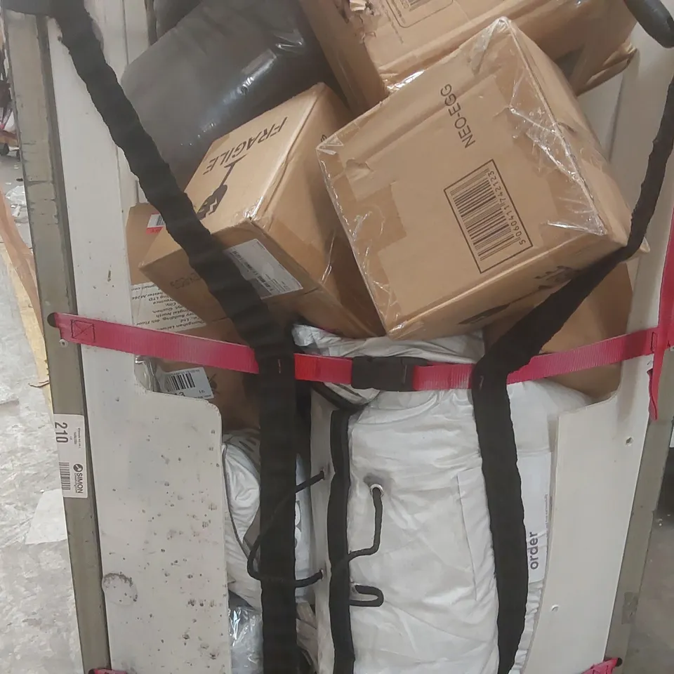 CAGE CONTAINING A LARGE QUANTITY OF ASSORTED ITEMS INCLUDING: BABY PLAYPEN, EGG COOKERS, BEDDING, PILLOWS ECT // CAGE NOT INCLUDED