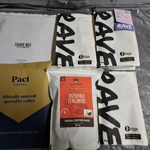 LOT OF 6 ASSORTED PACKS OF COFFEE TO INCLUDE FRESH COFFEE BAGS AND RAVE WHOLE BEANS 