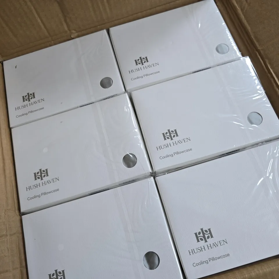 APPROXIMATELY 60 BOXED HUSH HAVEN COOLING PILLOWCASES IN CREAM COLOUR