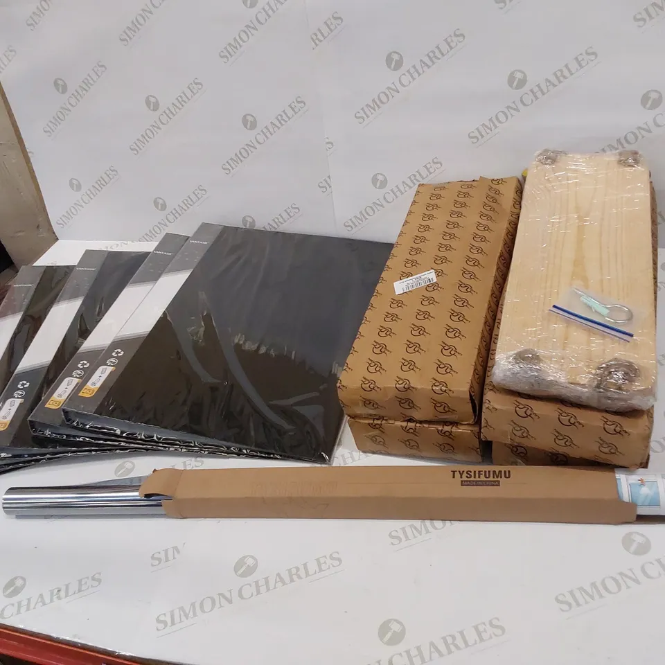 APPROXIMATELY 10 BRAND NEW ITEMS TO INCLUDE: 5 X VANTASII PRESENTATION FOLDERS, 4 JUTE FLOATING SHELVES, TYSIFUMU PRIVACY FILM 