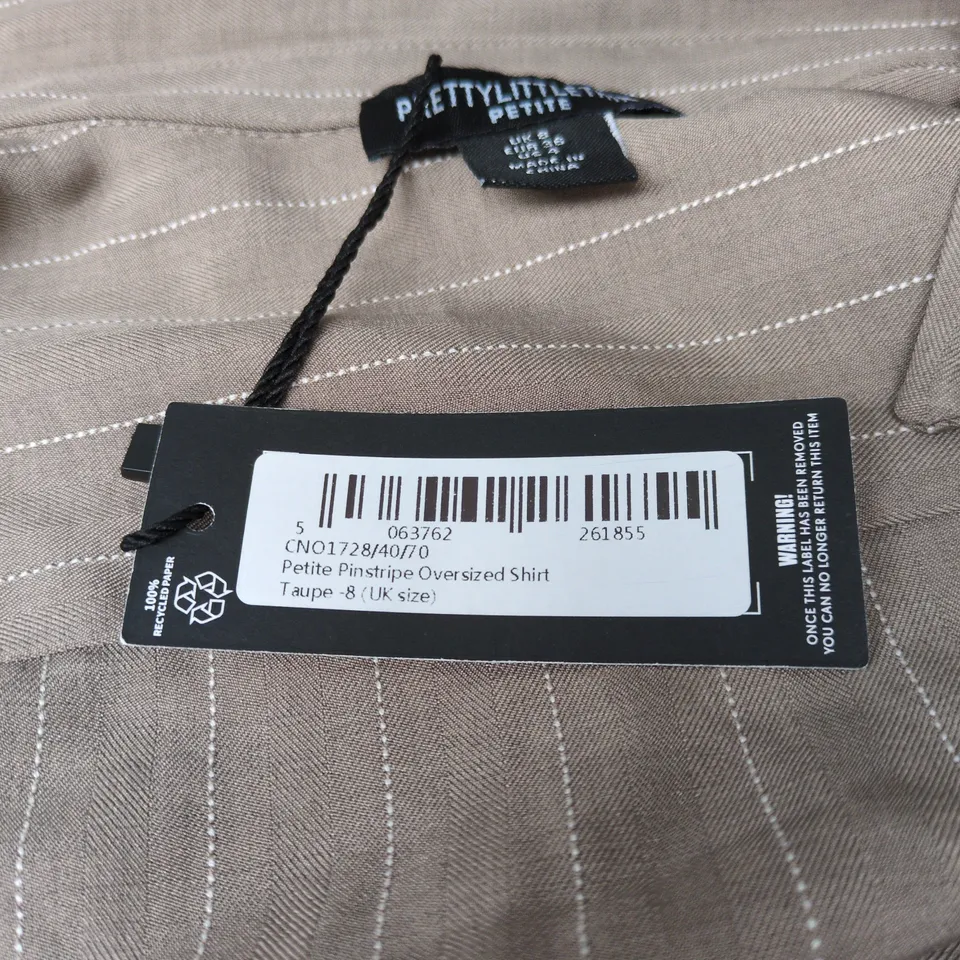 PRETTYLITTLETHING PETITE PINSTRIPED OVERSIZED SHIRT TAUPE SIZE 8 TAGGED