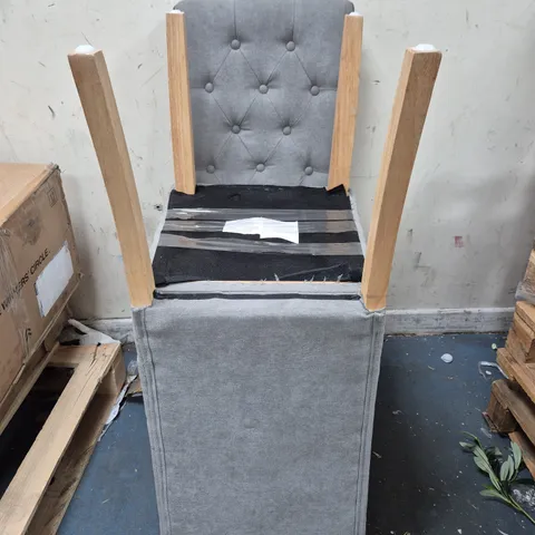 BOXED PAIR OF FABRIC SCROLL BACK DINING CHAIRS - GREY/OAK EFFECT (COLLECTION ONLY)