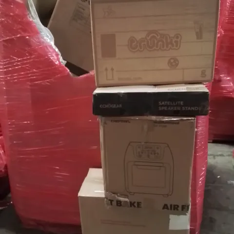 PALLET CONTAINING VARIOUS ASSORTED BOXED HOUSEHOLD ITEMS TO INCLUDE: KIDS TRUNKI, AIRFRYER, SATELLITE SPEAKER STANDS, PANEL HEATER AND LOTS MORE UNMARKED BOXED ITEMS
