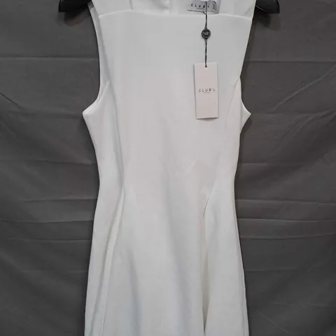 CLUB L LONDON SCOUT SLEEVELESS DRAPED HEM MINI DRESS IN WHITE - UK 14