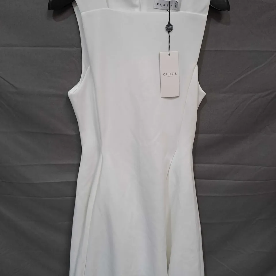 CLUB L LONDON SCOUT SLEEVELESS DRAPED HEM MINI DRESS IN WHITE - UK 14