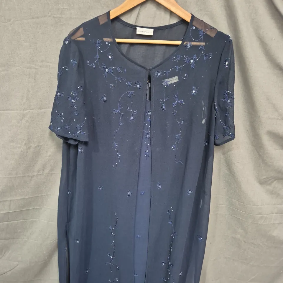 DAY MEETS NIGHT NAVY EMBROIDERED DRESS WITH SHEER SLEEVES - SIZE UNSPECIFIED