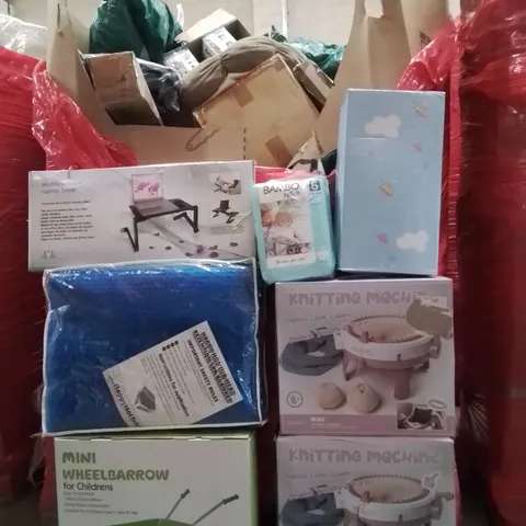PALLET CONTAINING VARIOUS ASSORTED BOXED HOUSEHOLD ITEMS TO INCLUDE: KNITTING MACHINES, REALISTIC BABY DOLL, HOT TUB HEAT RETENTION COVER, MI I WHEELBARROW, AND LOTS MORE UNMARKED BOXED ITEMS