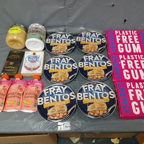 APPROXIMATELY 12 ASSORTED FOOD & DRINK ITEMS TO INCLUDE - PLASTIC FREE GUM, FRAY BENTOS CHICKEN PIE, AND GREEN AND BLACK DARK CHOCOLATE - ETC.