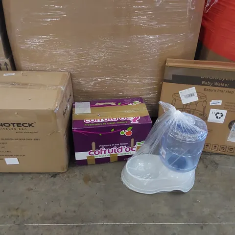 PALLET OF ASSORTED ITEMS INCLUDING: AIR FRYER, BABY WALKER, APPLE TRAY, PET WATER DISPENSER 
