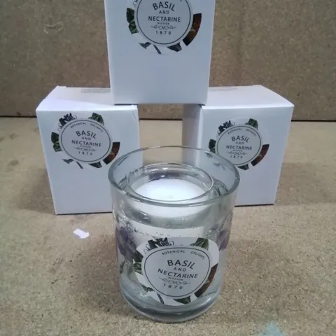 BOX CONTAINING 4 BOTANICAL DELIGHTS BASIL AND NECTARINE FLORAL GLASS CANDLES