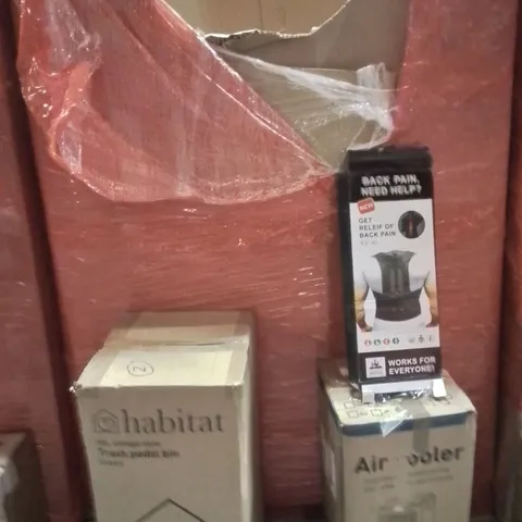 PALLET OF ASSORTED HOUSEHOLD GOODS AND PRODUCTS TO INCLUDE;AIR COOLER,TRASH CAN,BACK BRACE