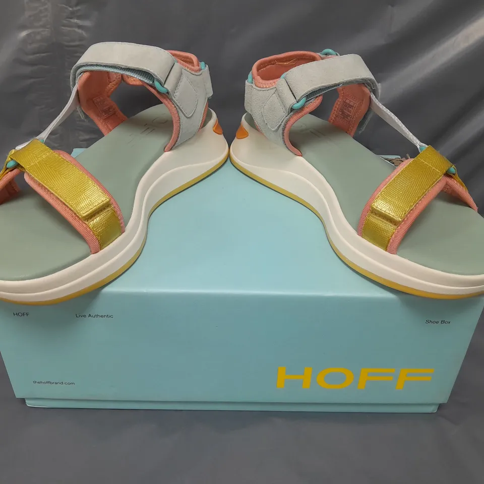 BOXED PAIR OF HOFF OPEN TOE LOW WEDGE SANDALS IN MULTI UK SIZE 6