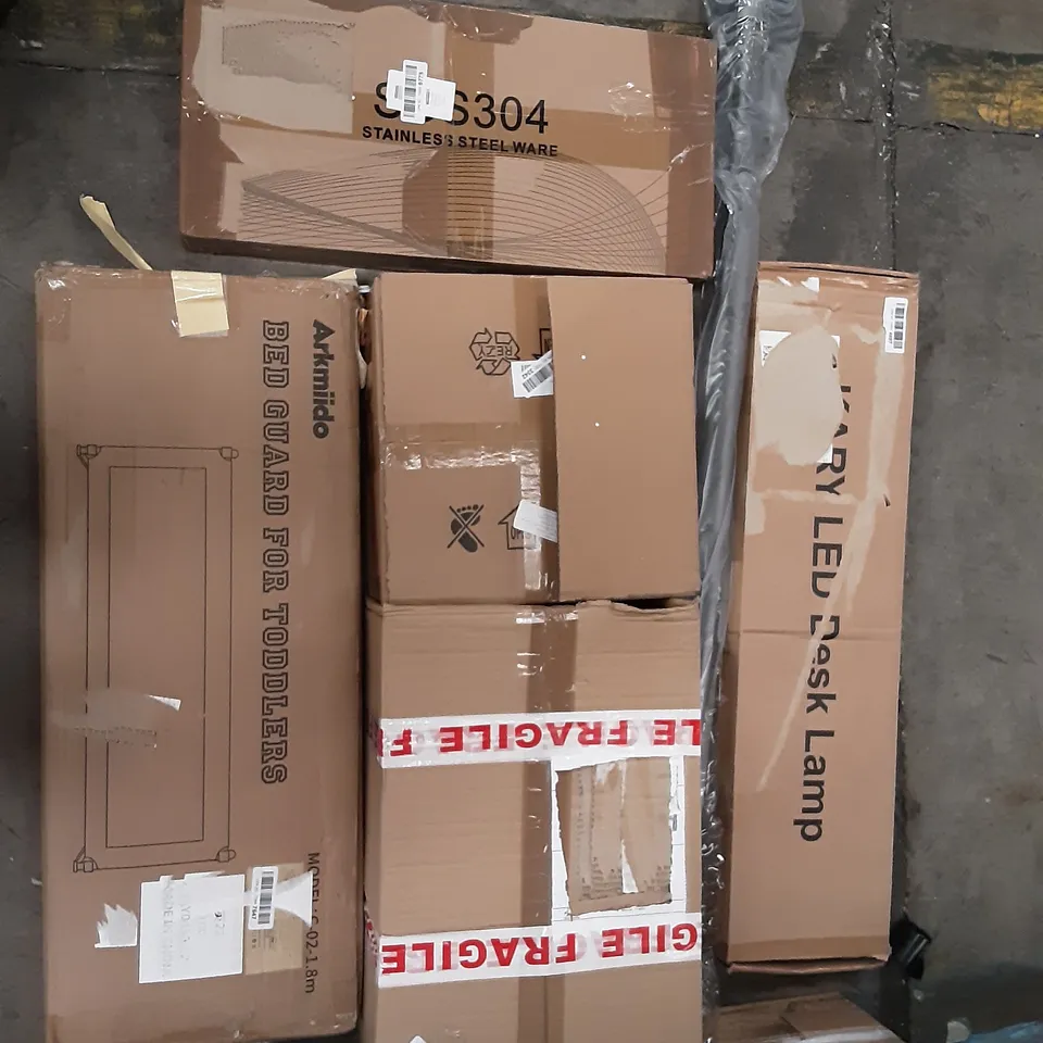 PALLET OF ASSORTED PRODUCTS INCLUDING BED GUARD FOR TODDLERS, LED DESK LAMP, STAINLESS STEEL WARE, MASS DYNAMIC TOILET SEAT, STOREMIC TOILET SEAT