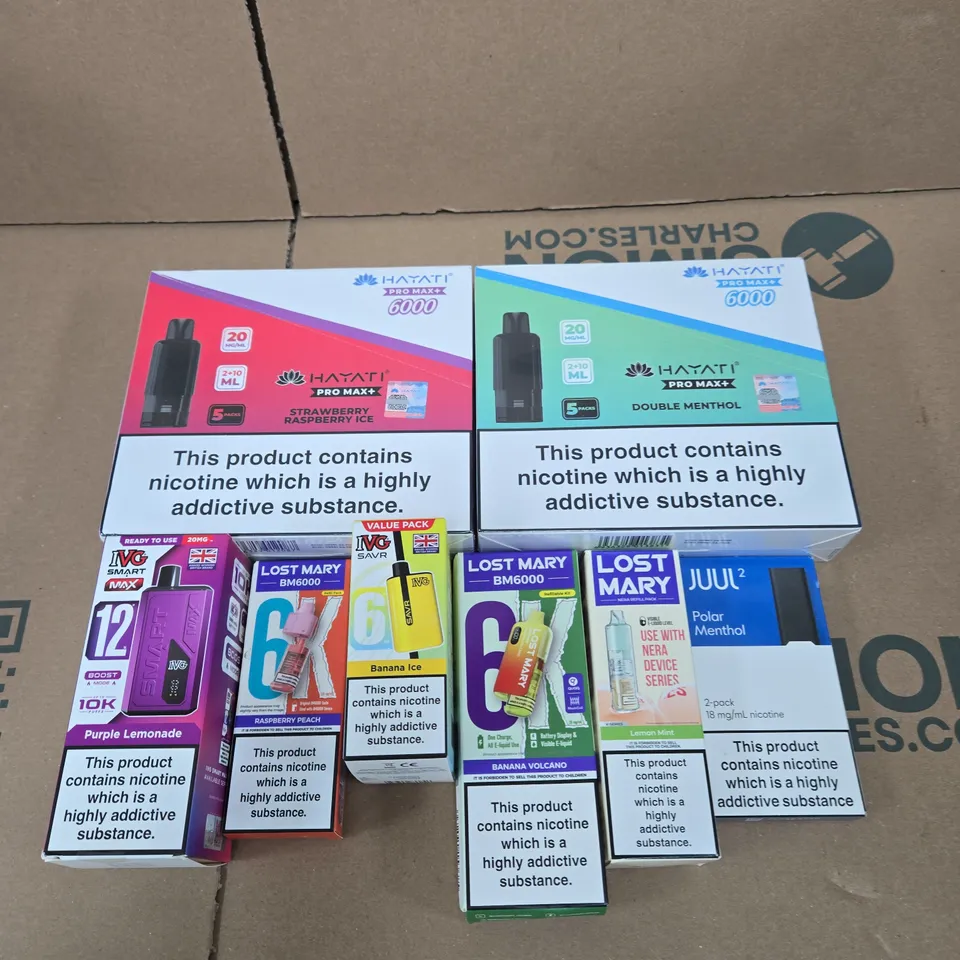 APPROXIMATELY 20 ASSORTED E-CIGARETTE & VAPING ITEMS IN VARIOUS BRANDS TO INCLUDE IVG, LOST MARY, HAYATI ETC 