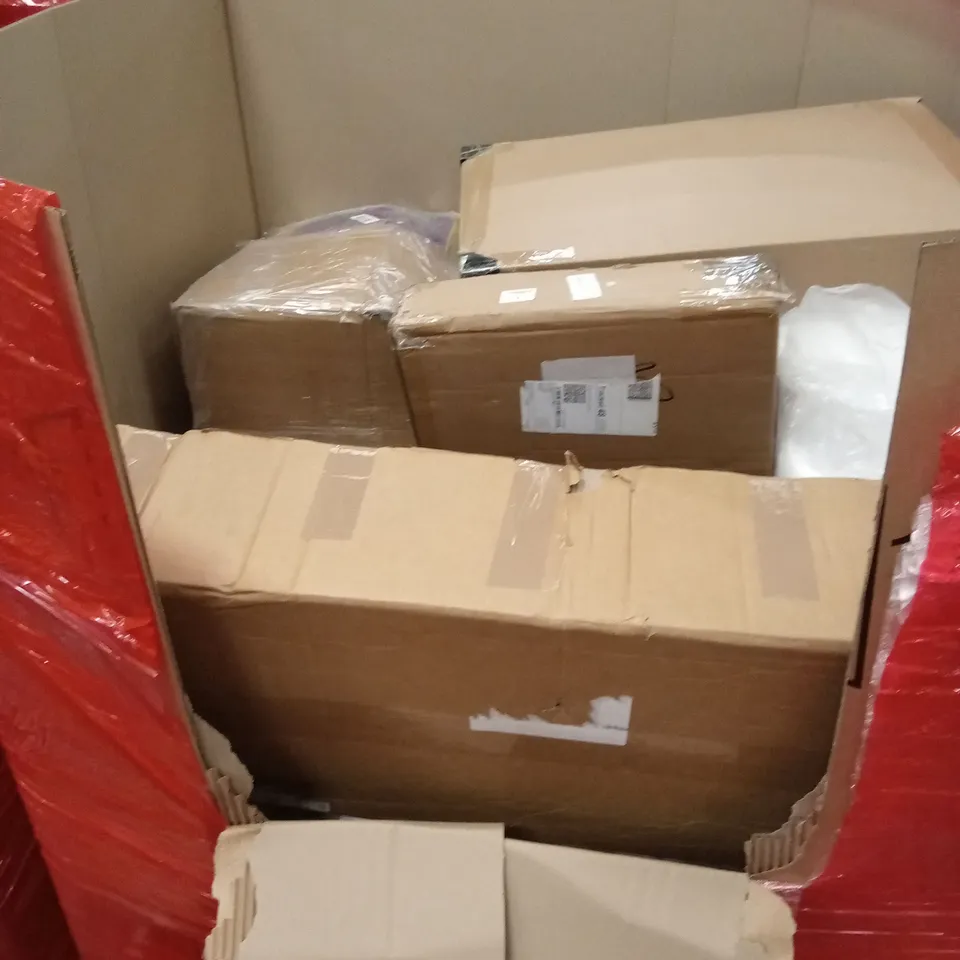 PALLET OF ASSORTED HOUSEHOLD GOODS AND PRODUCTS TO INCLUDE; STAINLESS STEEL SINK, PULL-UP BAR, BLINDS ETC