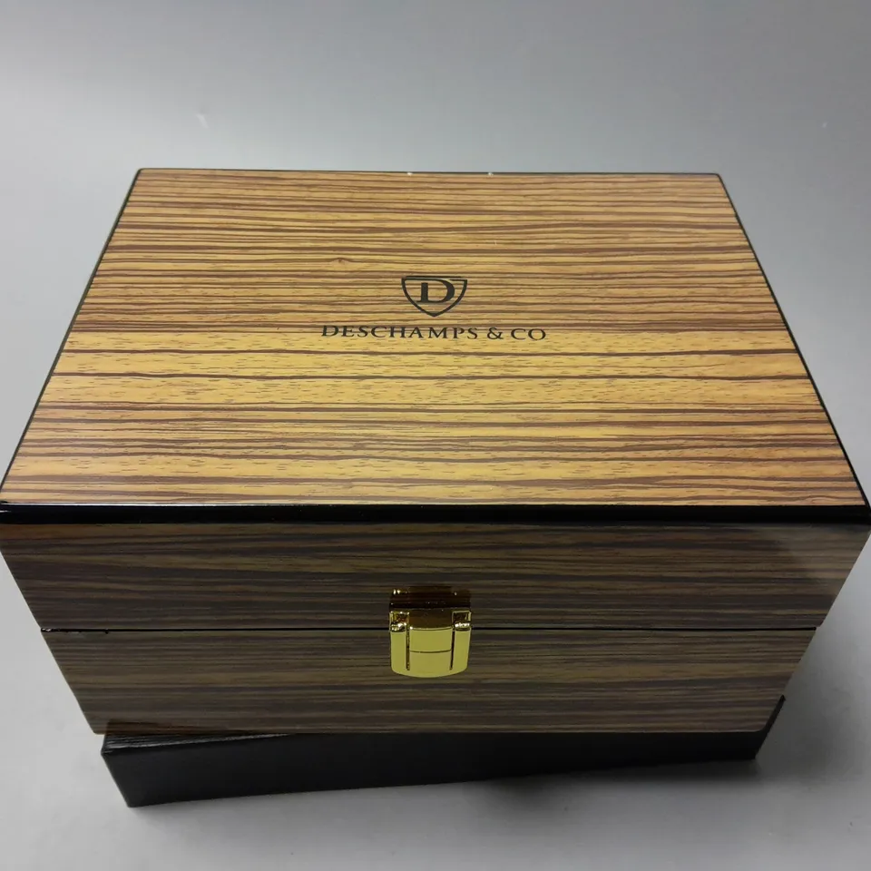 MENS DESCHAMPS & CO SKELETON DIAL STAINLESS STEEL WATCH WITH GREEN FACE IN WOODEN GIFT BOX