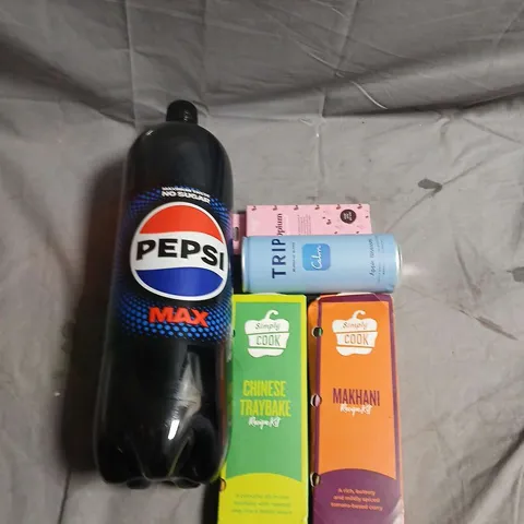 APPROXIMATELY 4 ASSORTED FOOD ITEMS TO INCLUDE - PEPSI MAX, APPLE BLOSSOM DRINK AND SIMPLY COOK