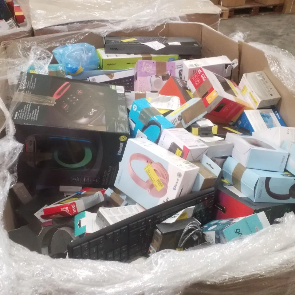 PALLET CONTAINING ASSORTED ELECTRICAL RETURNS INCLUDING BLUETOOTH PARTY SPEAKER, UNIVERSAL TV WALL MOUNT, WIRED HEADPHONES, UNIVERSAL REMOTE & AERIAL
