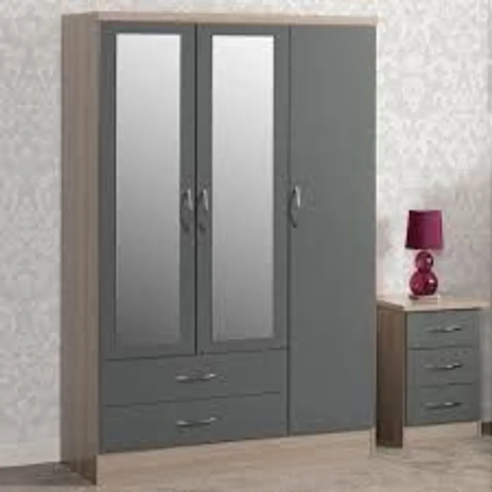 BOXED SECONIQUE NEVADA 3 DOOR 2 DRAWER WARDROBE - GREY GLOSS/LIGHT OAK EFFECT VENEER (3 BOXES)