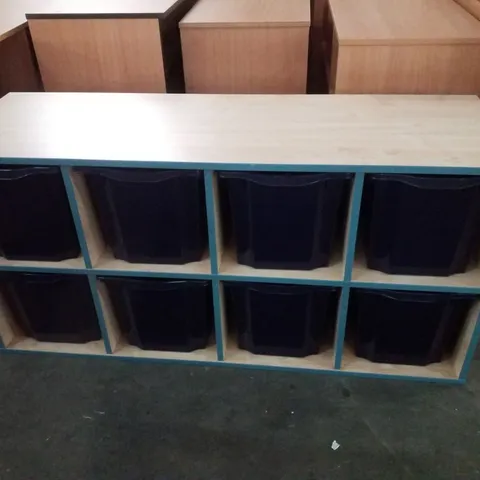 8 QUAD TRAY UNIT IN MAPLE WITH STEEL BLUE EDGING AND CASTORS 1385×450×673MM
