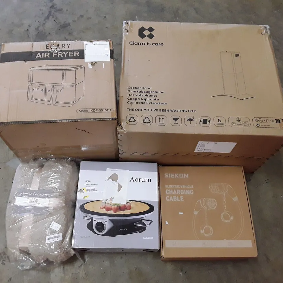 PALLET OF ASSORTED PRODUCTS INCLUDING COOKER HOOD, AIR FRYER, ELECTRIC VEHICLE CHARGING CABLE, CREPE MAKER, REVERSIBLE THROW