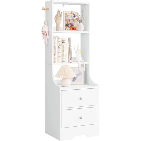 BOXED BEDSIDE TABLE WITH 2 DRAWERS, 3 OPEN SHELVES AND HOOKS