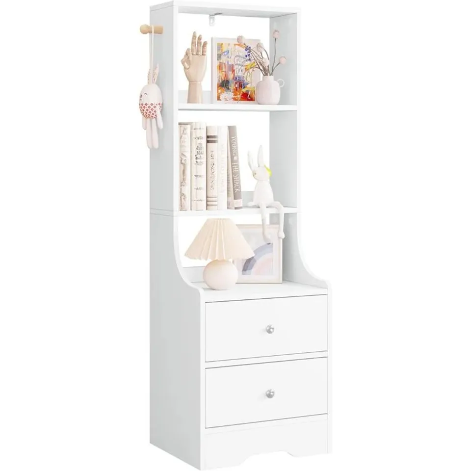 BOXED BEDSIDE TABLE WITH 2 DRAWERS, 3 OPEN SHELVES AND HOOKS