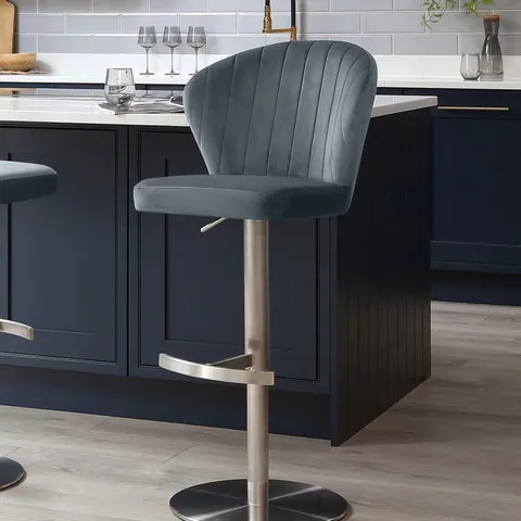 BOXED DANETTI HARPER GAS LIFT BLUE PLUSH VELVET/STAINLESS STEEL BAR STOOL (1 BOX)
