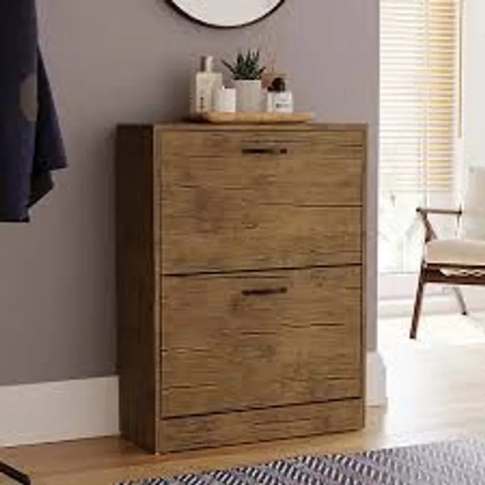 BOXED VIDA 2 DRAWER SHOE CABINET - ANTIQUE BROWN (1 BOX)