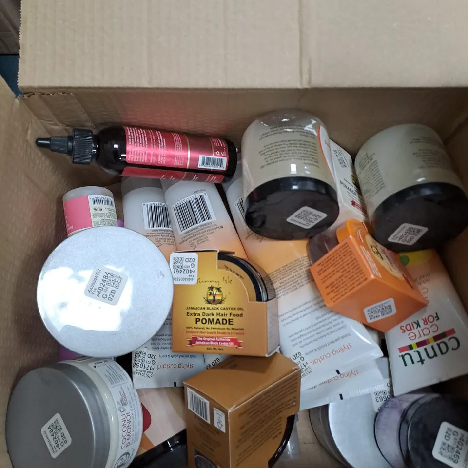 BOX OF APPROXIMATELY 15 ASSORTED HAIR CARE PRODUCTS TO INCLUDE CANTU CARE FOR KIDS, AS I AM AND SUNNY ISLE