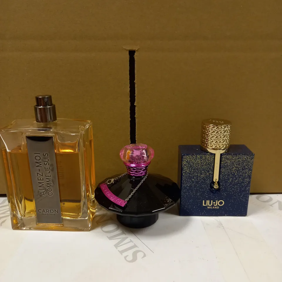 LOT OF 3 ASSORTED PERFUMES TO INCLUDE BRITNEY SPEARS CURIOUS, LUI.JO MILANO, CARON AIMEZ-MOI COMME JE SUIS