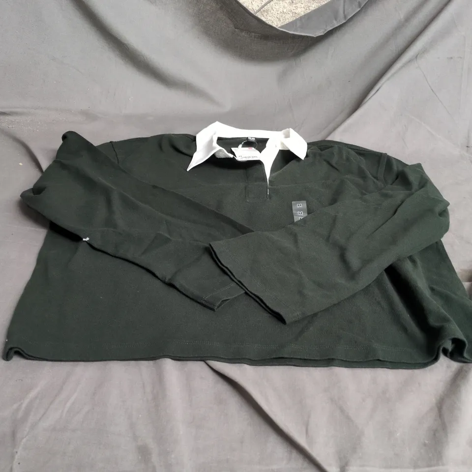 UNIQLO MEN'S POLO SHIRT - DARK GREEN WITH WHITE COLLAR - SIZE M - 100% COTTON